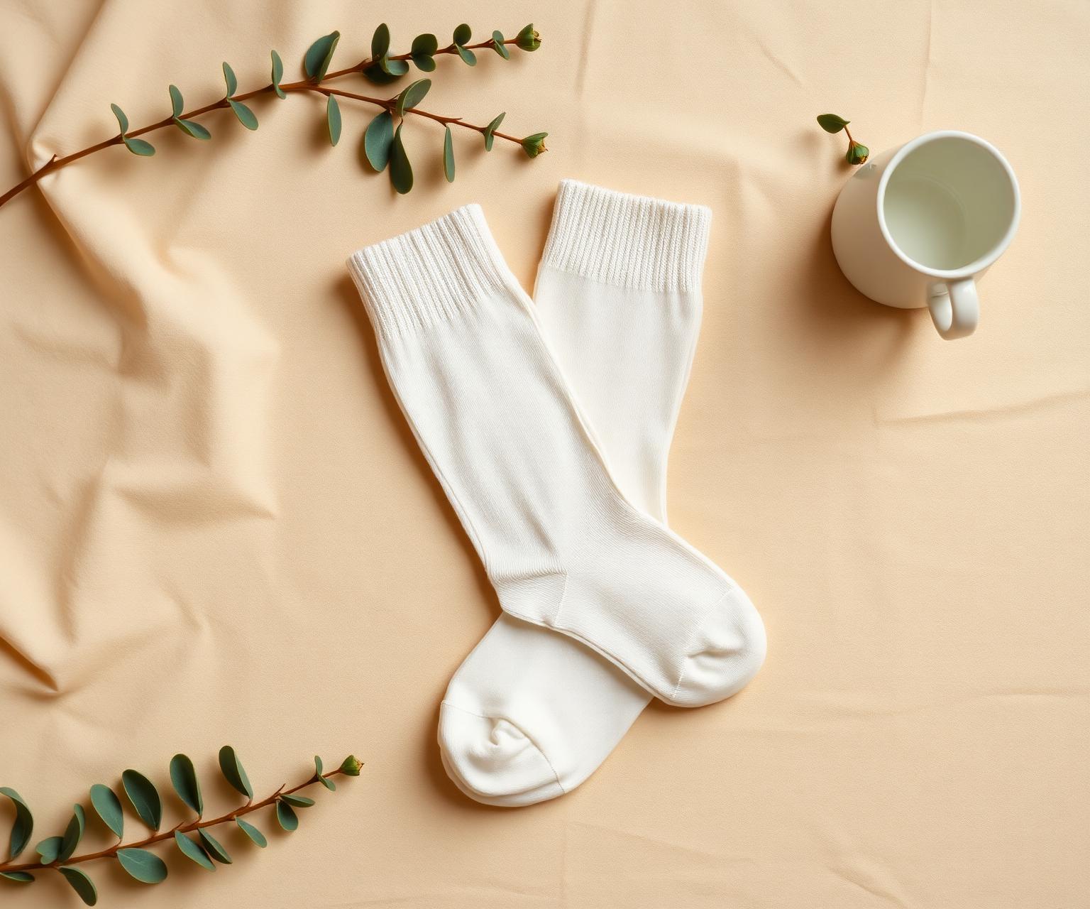 Soft cream maternity compression socks on a warm linen flat lay